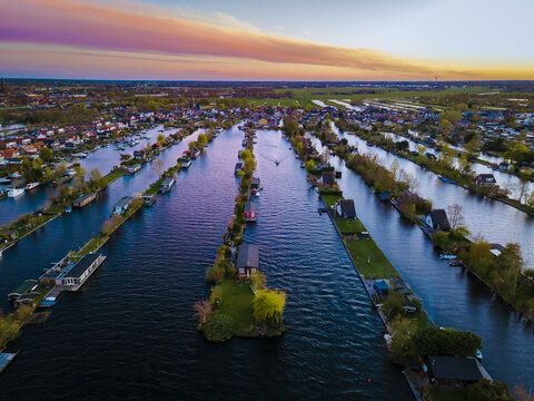 Aerial view of small islands in the Lake Vinkeveense Plassen, near Vinkeveen, Holland. It is a beautiful nature area for recreation in the Netherlands. Vinkeveen is mainly famous for the Vinkeveense