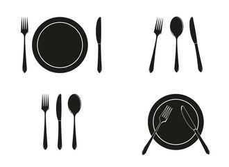 cutlery, fork, spoon, knife, dish vector icons set drawing by illustration on white background