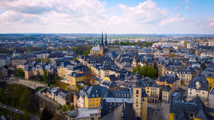 Obraz premium The historic buildings in the city of Luxemburg from above - aerial photography