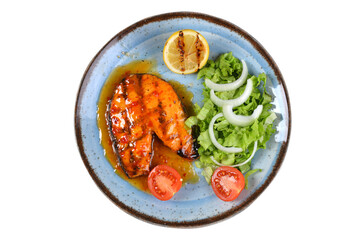 asian salmon, asian food in traditional vintage plate. Fish and vegetables white background top view.