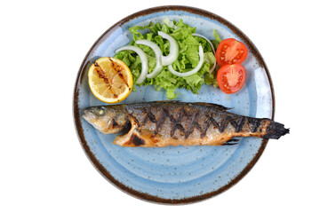 grilled sea bass and vegetables. It is served with various sauces. white background top view.