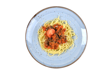 Spaghetti bolognese plate on a white background. Italian pasta bolognese. spaghetti bolognese pasta top view