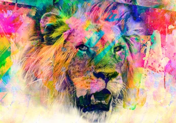 Foto op Plexiglas leeuwenkop met creatieve kleurrijke abstracte elementen op lichte achtergrond © reznik_val