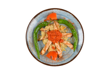 Traditional Turkish Food Kulbasti Kebab on a white background. Chiken Meat kebab with vegetables top view. Traditional turkish food. Turkish Kebab