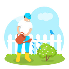 Man waters a flowering bush from a watering can against the background of nature. Care of plants and the territory. Colorful vector illustration.