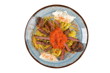 Traditional Turkish Food Cokertme Kebab on a white background. Meat kebab with yoghurt and french fries. Traditional turkish food. Turkish Kebab top view