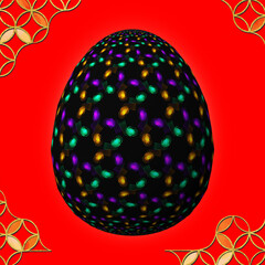 Happy Easter, Artfully designed and colorful 3D easter egg, 3D illustration on red background with frame