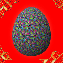 Happy Easter, Artfully designed and colorful 3D easter egg, 3D illustration on red background with frame