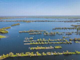 Aerial view of small islands in the Lake Vinkeveense Plassen, near Vinkeveen, Holland. It is a...