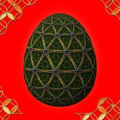 Happy Easter, Artfully designed and colorful 3D easter egg, 3D illustration on red background with frame