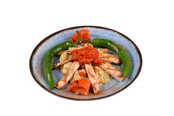 Traditional Turkish Food Kulbasti Kebab on a white background and shadow. Chiken Meat kebab with vegetables. Traditional turkish food. Turkish Kebab