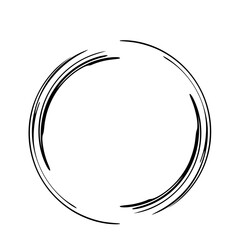 Round grunge frame isolated on white background. Black circle ink border.