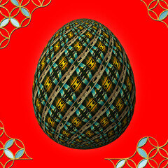 Happy Easter, Artfully designed and colorful 3D easter egg, 3D illustration on red background with frame