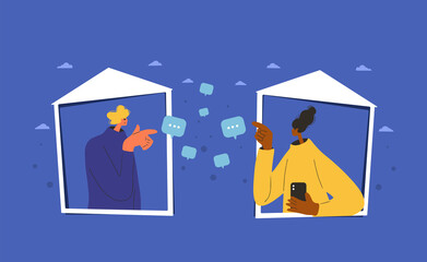 Online dating communication. Remote relationship. Man and woman portraits with frames. Virtual smartphone date, love and relationship.