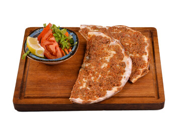 Traditional delicious Turkish food lahmacun (Turkish pizza)  Traditional Turkish pizza and salad on a white background and shadow close up.
