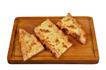 Traditional Turkish Cuisine food cheese pita (pide) with cheddar cheese. Turkish cuisine. Turkish pizza Pita (kasarli pide) on wood, on white background close up