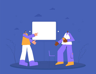 Presentation. Young people standing near a whiteboard and giving a report. Business meeting. Vector flat illustration.