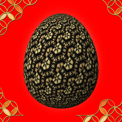 Happy Easter, Artfully designed and colorful 3D easter egg, 3D illustration on red background with frame