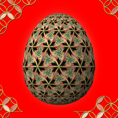 Happy Easter, Artfully designed and colorful 3D easter egg, 3D illustration on red background with frame