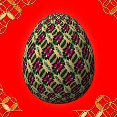 Happy Easter, Artfully designed and colorful 3D easter egg, 3D illustration on red background with frame