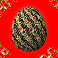 Happy Easter, Artfully designed and colorful 3D easter egg, 3D illustration on red background with frame