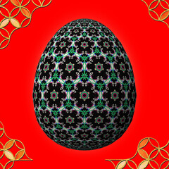 Happy Easter, Artfully designed and colorful 3D easter egg, 3D illustration on red background with frame