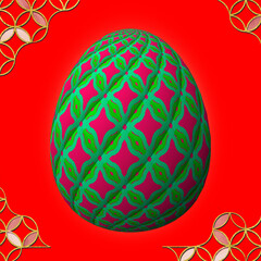 Happy Easter, Artfully designed and colorful 3D easter egg, 3D illustration on red background with frame