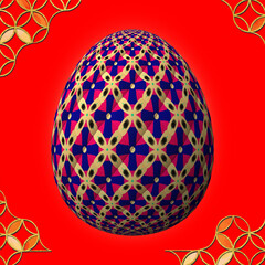 Happy Easter, Artfully designed and colorful 3D easter egg, 3D illustration on red background with frame
