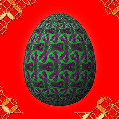 Happy Easter, Artfully designed and colorful 3D easter egg, 3D illustration on red background with frame