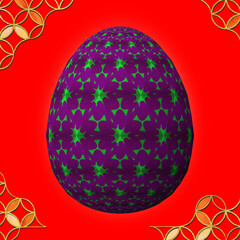 Happy Easter, Artfully designed and colorful 3D easter egg, 3D illustration on red background with frame