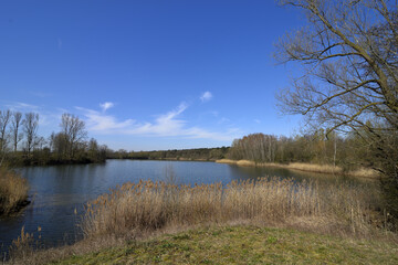 Lake with bright sunshine, blue sky and white clouds