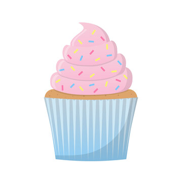 Cupcake with pink cream and decorative sprinkles. Color vector illustration in cartoon flat style. Isolated on a white background.