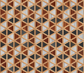 Seamless wooden background. Vintage colorful wooden panel with triangle pattern for wall decor. 