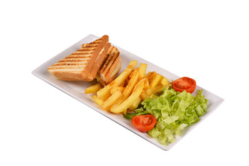 toast and french fries. greens and tomatoes. on a plate over a white background. turkish toast