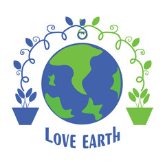 Graphic tee design with earth symbol and flower in the pot. Clothing, apparel, logo, nature things. 