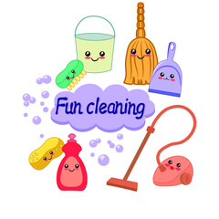 Funny cleaning vector illustration in kawaii style. Set
cute cleaning items. Cleanliness concept.