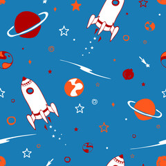 Seamless vector pattern with spaceship and planets on blue background. Fun retro cosmos wallpaper design for children. Decorative galaxy fashion textile.