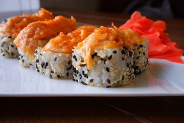 Delicious sushi with ginger. Food. Cooking.