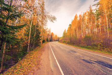 Fototapeta premium Turn the country broken road. Mixed forest. Cloudy weather. Autumn weather. Beautiful nature. Russia, Europe. View from the side of the road.