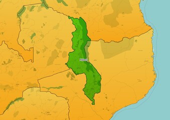 Malawi map showing country highlighted in green color with rest of African countries in brown