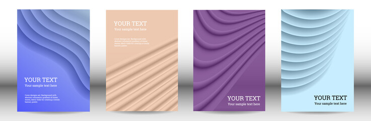 Cover designs set. Background with abstract volumetric gradient of linear waves, fabric folds for creating a trendy banner, poster