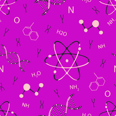 Seamless vector pattern with DNA and atoms on pink background. Simple science wallpaper design. Chemistry fashion textile.