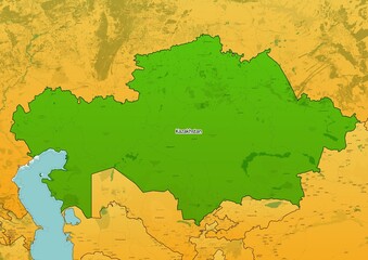 Kazakhstan map showing country highlighted in green color with rest of Asian countries in brown