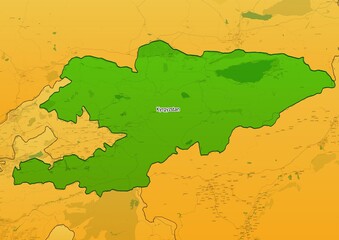 Kyrgyzstan map showing country highlighted in green color with rest of Asian countries in brown