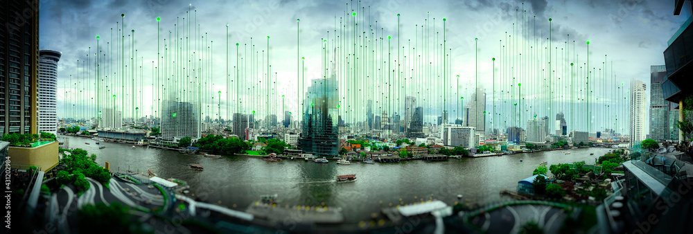 Poster Wireless network and Connection technology greenery concept with Abstract Bangkok city background in panorama view.