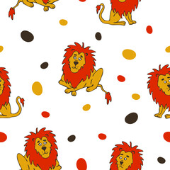 Seamless vector pattern with hand drawn lion on white background. Simple fun animal wallpaper design for children. Decorative cartoon fashion textile.