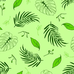Behang Tropische bladeren Naadloze vector patroon met tropische bladeren op groene achtergrond. Eenvoudig behangontwerp voor de zomervakantie. Decoratieve bloemen mode textiel.