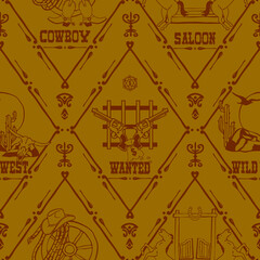 Seamless vector pattern with western style symbol on yellow background. Simple wild west wallpaper design. Decorative historic fashion textile.