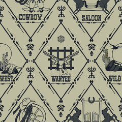 Seamless vector pattern with old wild west logo on grey background. Vintage Texas wallpaper design. Western fashion textile.