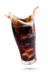 Cola splashing out of a glass.Cola in glass with splash of ice isolated on white background